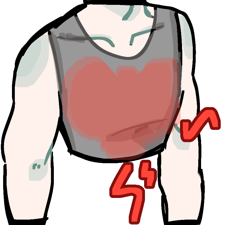 A light greyscale torso wearing a grey binder. some of the binder is red and there are pain lines radiating from it.